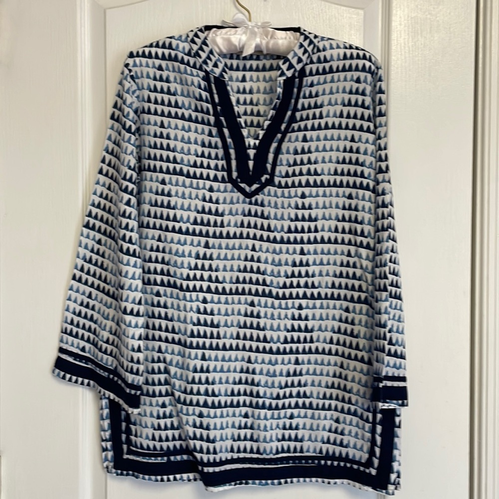 Venario Tunic Top Geometric Blue and White Size Small